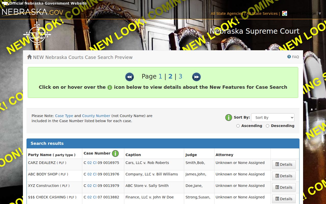 Stanton County case search results fields in Nebraska JUSTICE demo
