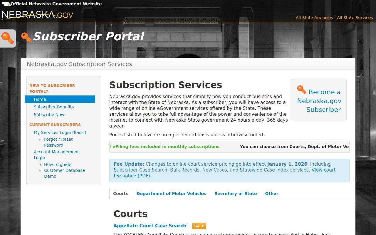 Stanton County case lookup subscriber access on Nebraska.gov
