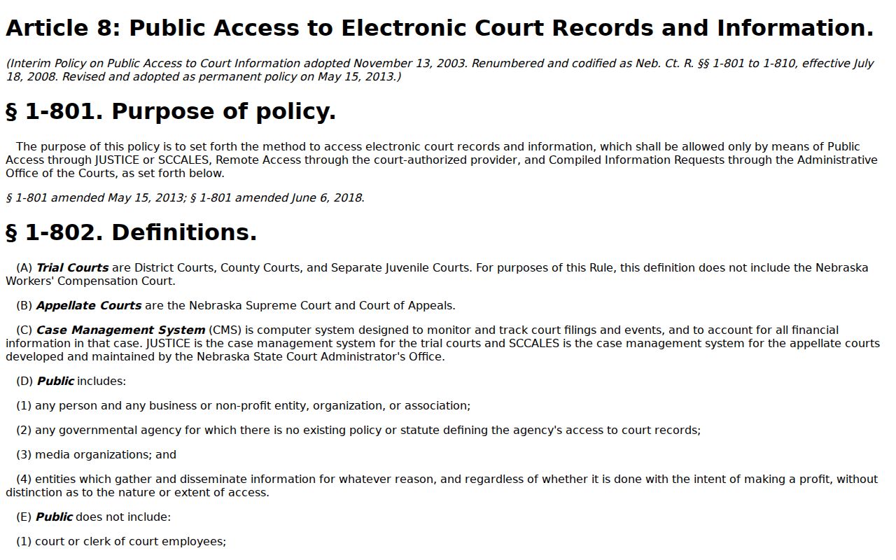 Stanton County civil docket reference for Nebraska Article 8 electronic public access rules