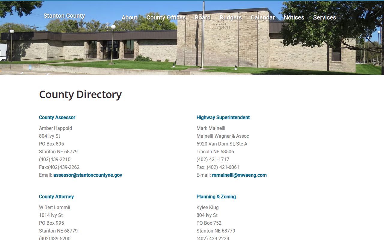 Stanton County court docket clerk directory contact evidence